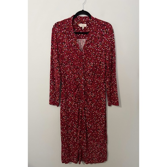 Hobbs London Hatty Jersey Dress Women’s 10 Red Multi Long Sleeve Button Ruched - Picture 3 of 16